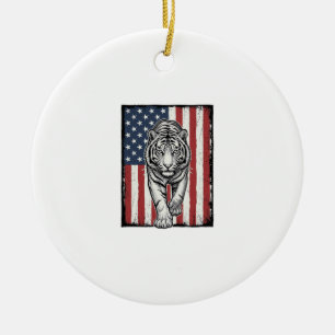 Vintage Graverad Tiger Amerikansk Flagga Patriotis Julgransprydnad Keramik