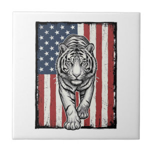 Vintage Graverad Tiger Amerikansk Flagga Patriotis Kakelplatta
