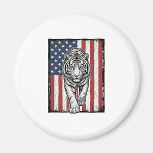 Vintage Graverad Tiger Amerikansk Flagga Patriotis Magnet