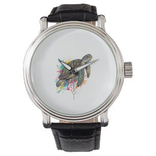 Vintage Gravering Havssköldpadda Färg Splash Tröja Armbandsur