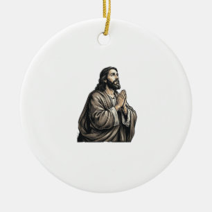 Vintage Gravyr Bönfallande Man Religiös Tröja Desi Julgransprydnad Keramik