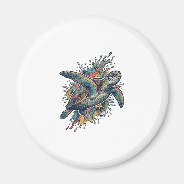 Vintage Gravyr Havssköldpadda Splash Vektor Design Magnet (Framsidan)