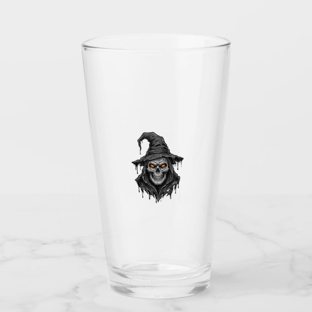 Vintage Gravyr Skelett Häxhatt Halloween Tröja_ Glaskopp (Framsida)