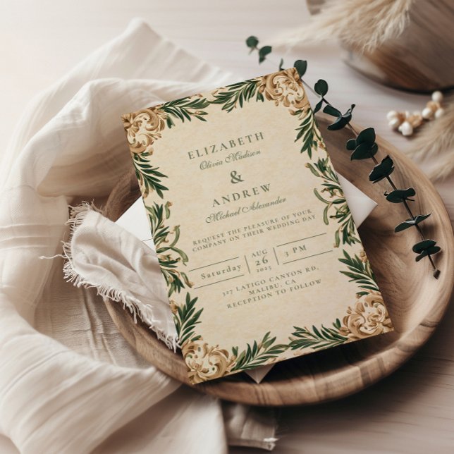 Vintage Green Botanical Wedding Inbjudningar (Skapare uppladdad)