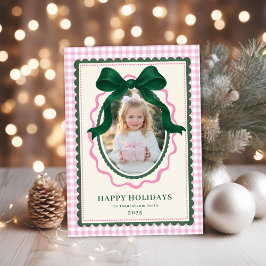 Vintage Green Bow Pink Plaid Christmas Photo Julkort