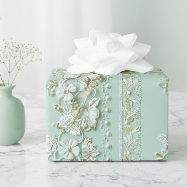 Vintage Green Floral Presentpapper (elegant vintage pale mint green faux lace floral gift wrap wrapping paper)