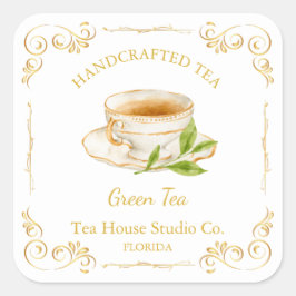 Vintage Green Tea Square Label Fyrkantigt Klistermärke