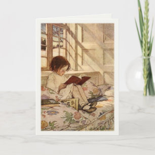 Vintage Greeting Card med Sweet Girl Reading Kort