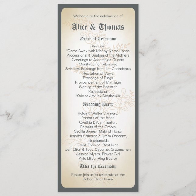 VINTAGE GREN - BRÖLLOPSPROGRAM PROGRAM (Framsida)