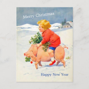 Vintage Gril på nytt års bildkort i Gris jul Vykort