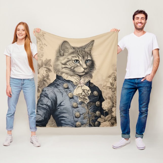 Vintage Grissaile Cat gentlemen an Botanical Ro Fleecefilt (På plats)