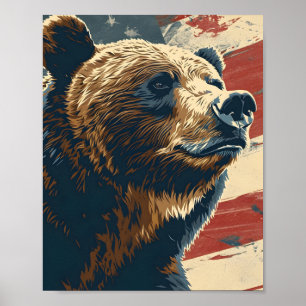 Vintage Grizzly American Flagga Poster