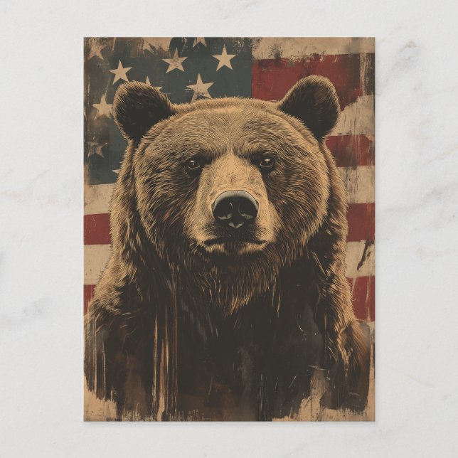 Vintage Grizzly-Bär USA Amerikanische Flagge Vykort (Framsida)