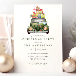 Vintage Grön Bil Retro Vattenfärg Julfest Inbjudningar
