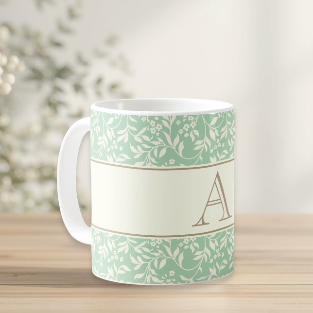 Vintage Grön Blommig Anpassad Initial Present Kaffemugg (Skapare uppladdad)