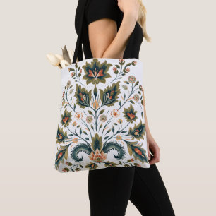 Vintage grön blommig folkkonst-handväska   Elegant Tygkasse