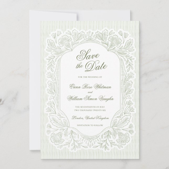 Vintage grön blommig spara datum inbjudningar (Framsida)