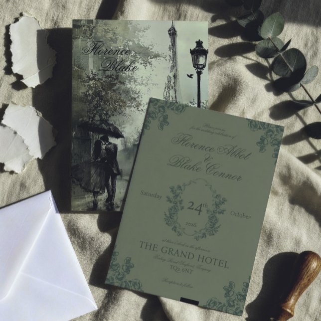Vintage grön bröllopsinbjudan från Paris Inbjudningar (paris inspired olive green wedding invitation with illustration, vintage victorian style)
