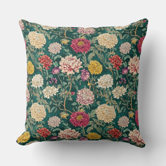 Vintage Grön Chinoiserie Blommig Kudde (Framsida)