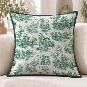 Vintage grön fransk Toile de Jouy-monogram Kudde