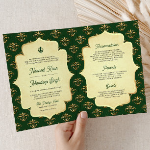 Vintage grön guld utsmyckad Anand Karaj Sikh bröll Inbjudan