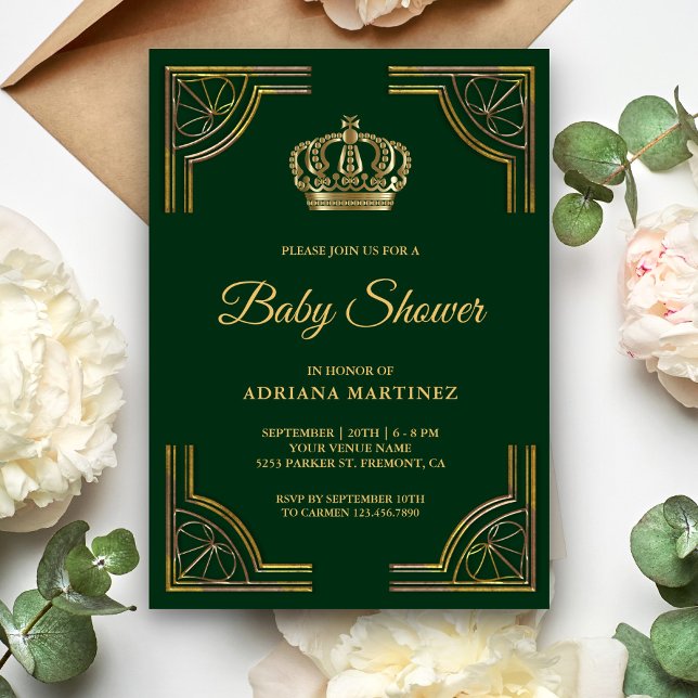Vintage grön guld utsmyckad krona baby shower inbjudningar (Skapare uppladdad)