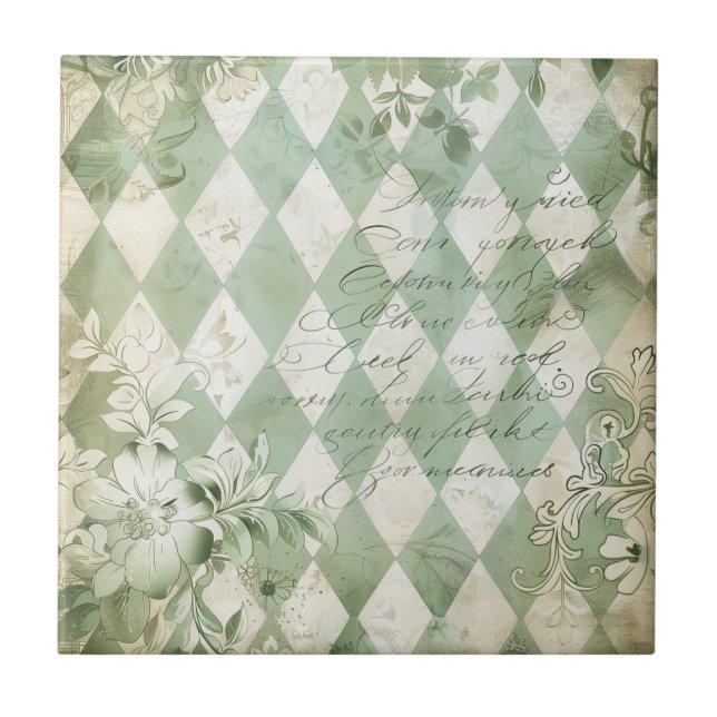 Vintage grön Harlekin blomskrift Kakelplatta (Framsidan)