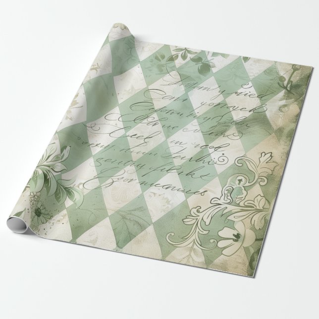 Vintage grön Harlekin blomskrift Presentpapper (Utrullad)