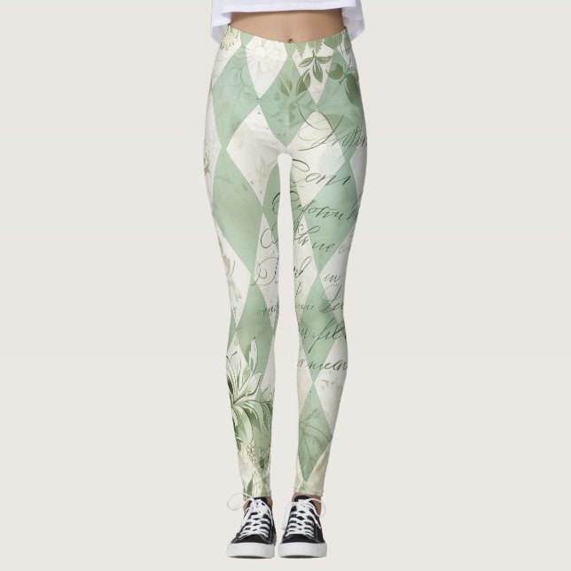 Vintage grön Harlekin blomstermönster skrift Leggings (Framsida)