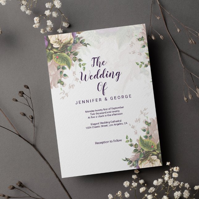 Vintage grön lila elfenbensvit blomsterbröllop  inbjudningar (Vintage green purple lilac ivory floral wedding invitation)