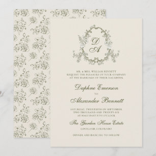 Vintage grön monogramfloral bröllop inbjudningar