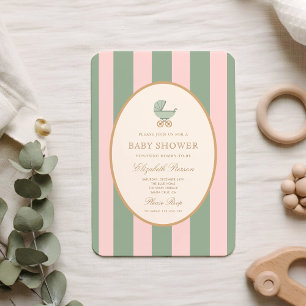 Vintage grön och rosa randig baby shower inbjudningar