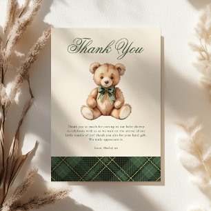 Vintage grön rutig teddybjörn bebisshower tack kort