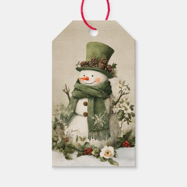 Vintage Grön Snömannen Jul Presentetikett (Framsidan)