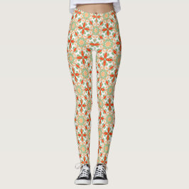 Vintage Grön & Terrakotta Blommig Bladsmönster Leg Leggings