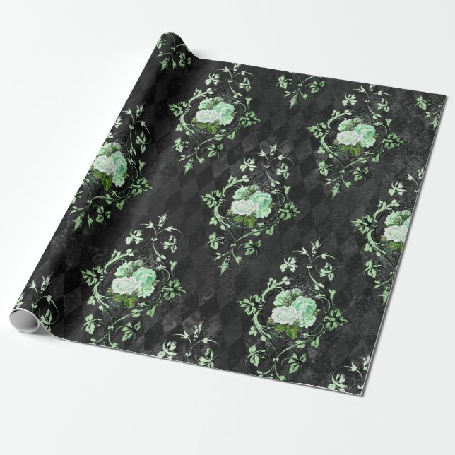 Vintage gröna rosor och svart harlekinmönster presentpapper (Utrullad)