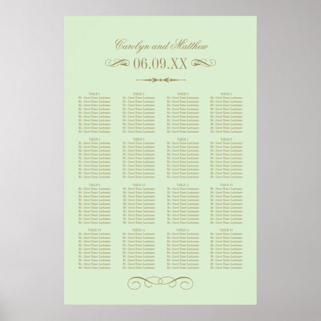 Vintage Grönt Antique Flourish Bröllop Seating Poster (Framsidan)