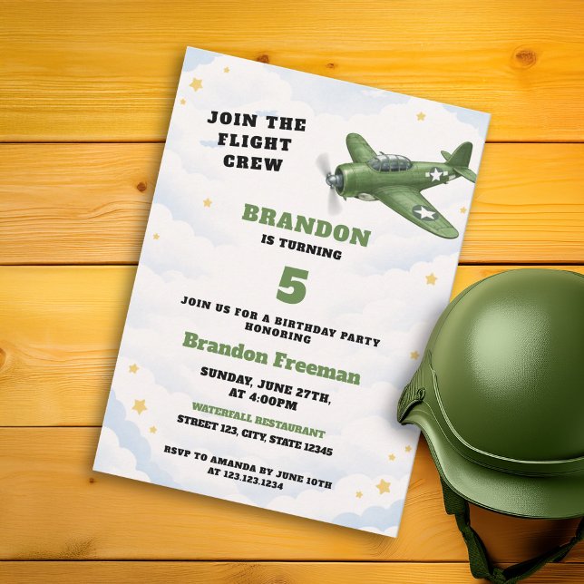 Vintage grönt arméflygplan Militärt 5-årsdag Inbjudningar (Skapare uppladdad)
