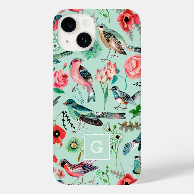 Vintage Grönt Blommigt Fåglar Botaniska Mönster (Baksida)