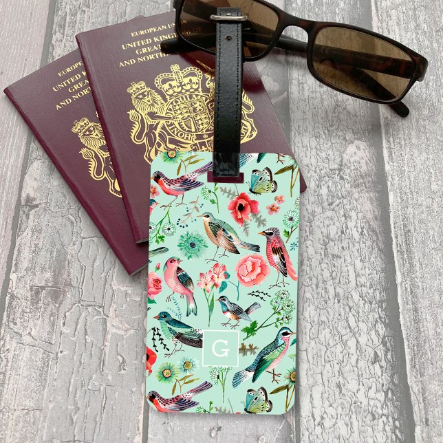 Vintage Grönt Blommigt Fåglar Botaniska Mönster Bagagebricka (Vintage Green Floral Birds Botanical Pattern Luggage Tag)