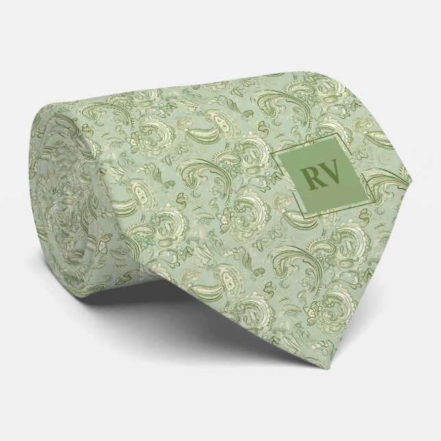 Vintage Grönt Blommigt Paisley Mönster Slips (Rullad)
