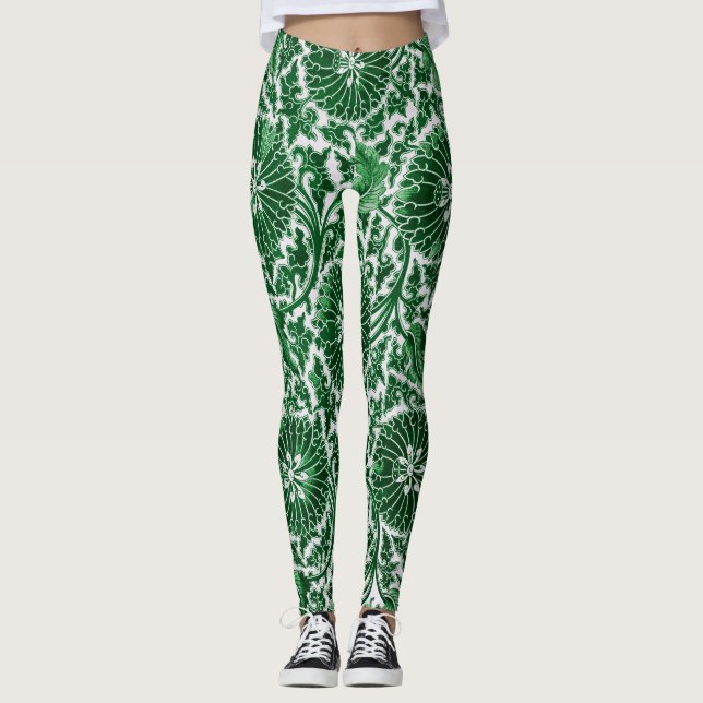 Vintage Grönt Blommönstret Ornamental Leggings (Framsida)