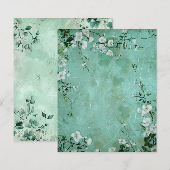 Vintage grönt blomster botaniskt skrapbokspapper  (Fram/baksida)