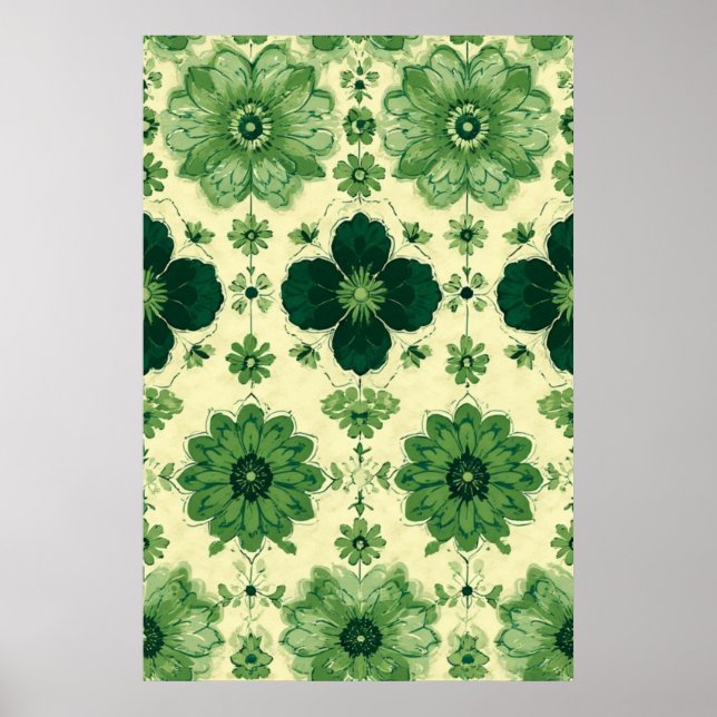 Vintage Grönt Botaniskt Blommönster Poster (Framsidan)