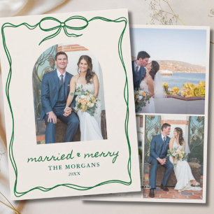 Vintage Grönt Bow Married & Merry 4 Photo Bröllop Julkort