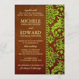 Vintage Grönt & Brown Damask Snöre Bröllop Inbjudningar