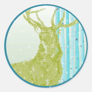 Vintage Grönt Buck Hjort Aqua Birch Träd Snowflake Runt Klistermärke