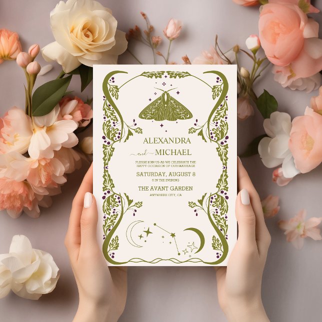 Vintage Grönt Celestial Botanical Bröllop Inbjudningar (Skapare uppladdad)