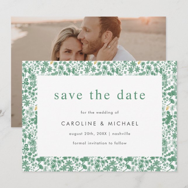 Vintage Grönt Ditzy Blommigt Bröllop spara datum Datumet (Fram/baksida)