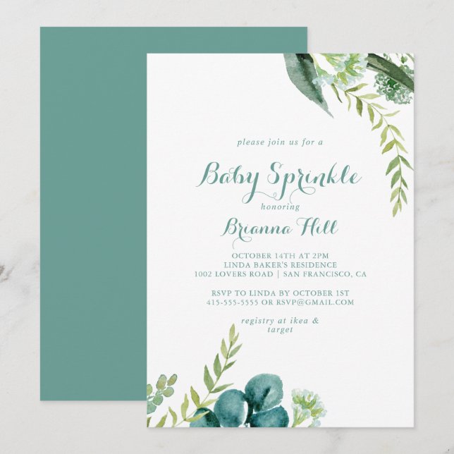 Vintage Grönt Eucalyptus Baby Sprinkle Inbjudningar (Fram/baksida)
